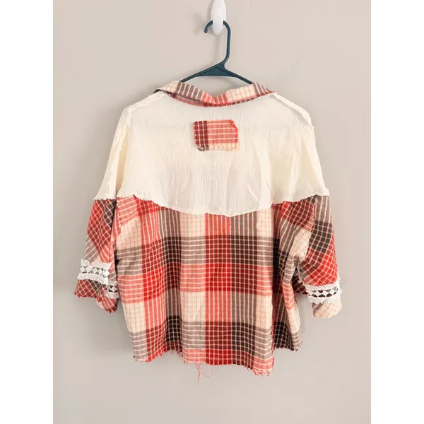 POL Plaid Patchwork Top Women Medium Orange Raw Hem Crochet Quarter Zip - Image 3