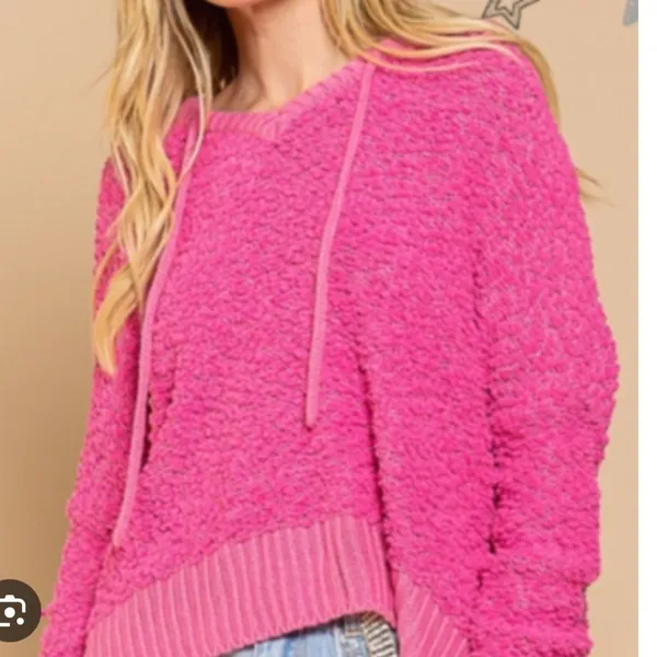 POL Pink Knit Popcorn Hoodie Large V Neck Long Sleeve‎ Pullover Sweater Womens - Image 3