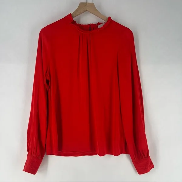 RP Rachel Parcell‎ Red Ruffle Neck Satin Blouse Long Bishop Sleeves - Image 2