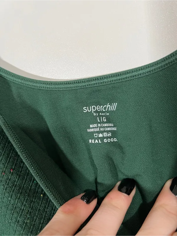Aerie Superchill Waffle Bra Top in Dark Green Speckle Size Large - Image 6