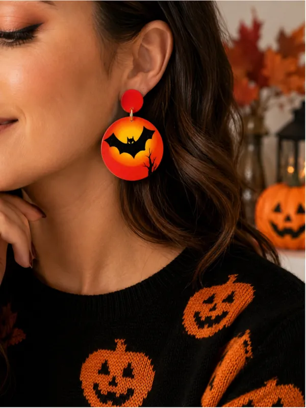 NEW Halloween Bat Orange Acrylic Dangle Earrings Spooky Fall - Image 5