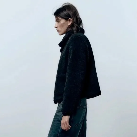 ZARA Black Sherpa Fuzzy Fleece Teddy‎ Coat Faux Shearling Snaps Pockets Small - Image 5
