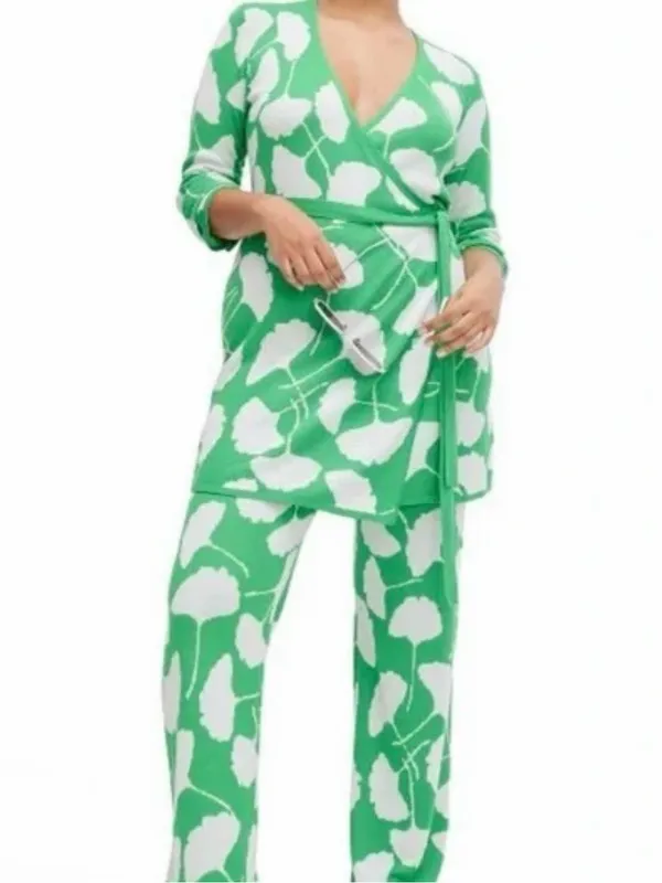 DVF for Target Ginkgo Leaf Green Knit Wrap Dress Mini Sweater Dress Medium M - Image 4
