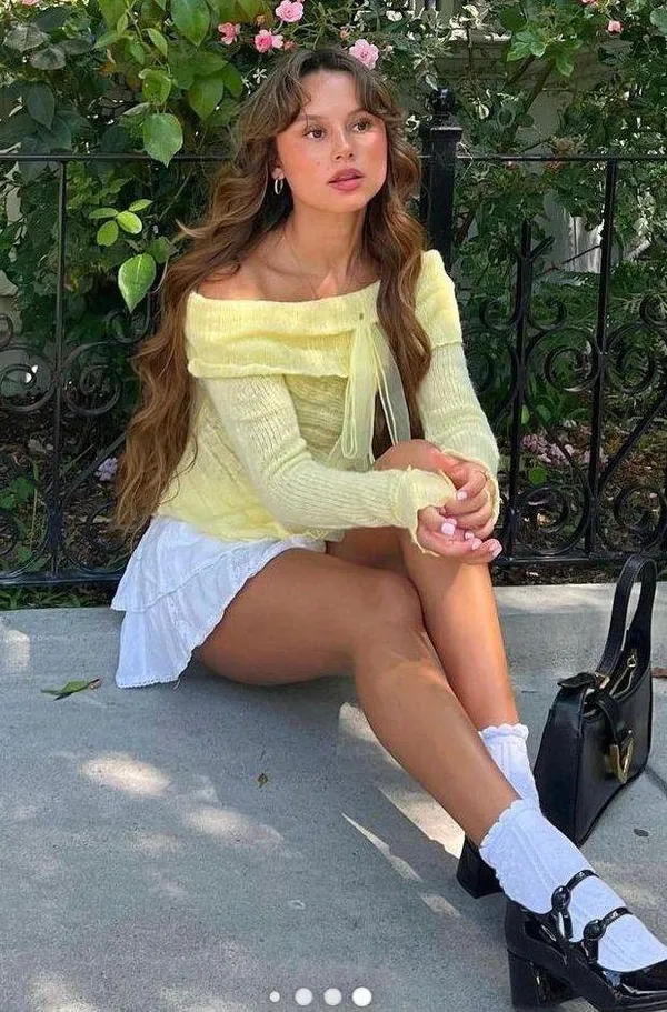 Urban Outfitters Kimchi Blue Yellow Fiona Off the Shoulder Sweater with Bow - Image 5
