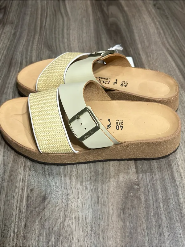 Birkenstock Women’s Two-Band Slide Sandals in Cream and Natural Woven - Image 2