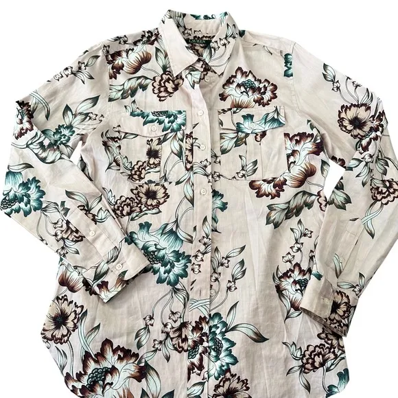 Lauren Ralph Lauren Pale‎ Pink Floral Cotton Button Down Shirt Delicate Feminine - Image 2