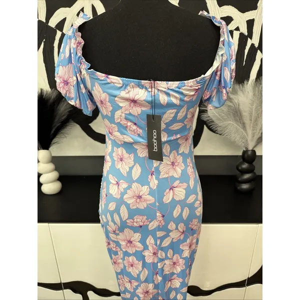 Boohoo Maternity Blue Pink Floral Off Shoulder Ruched Midi Dress Size 8 NWT - Image 6