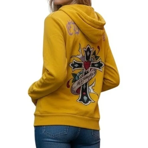 ED HARDY Rare Vintage Y2K Yellow Rhinestone Cross Heart Graphic Zip Up Hoodie XS - Image 2