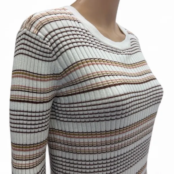 Nine West Striped Ribbed Long Sleeve Knit Top Ivory Brown Juniors XL - Image 3