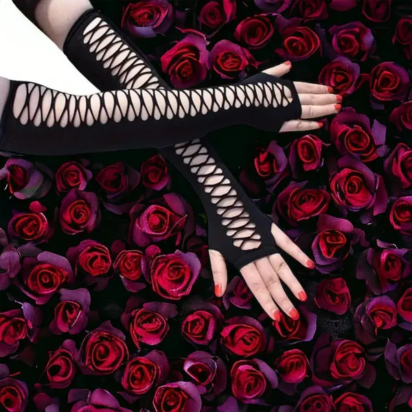 Vintage Hollow Out Black Elastic Arm Cover Fingerless Elbow Sleeves One‎ Size - Image 2