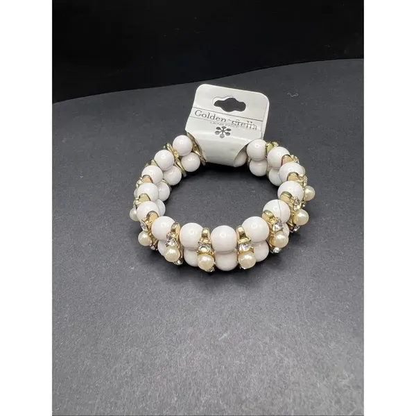 New! Golden Stella White Bead Faux Pearl Rhinestone Stretch Bracelet - Image 2