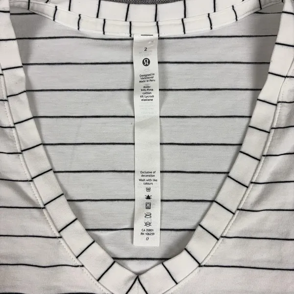 Lululemon Striped Shirt Womens 2 White V-Neck Short Sleeve Pima Cotton Top - Image 5