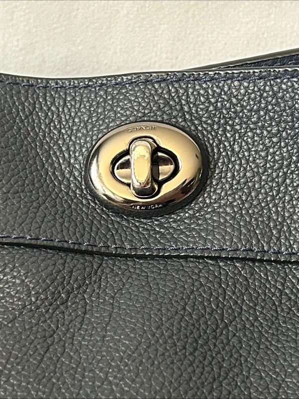 Coach Edie Turnlock Dark Navy Blue Pebbled Leather Shoulder Bag w/ Chain Straps - Image 7