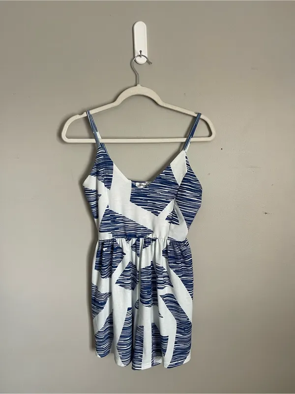 ANGASHION Navy Blue and White Graphic Print Romper Sz S - Image 2