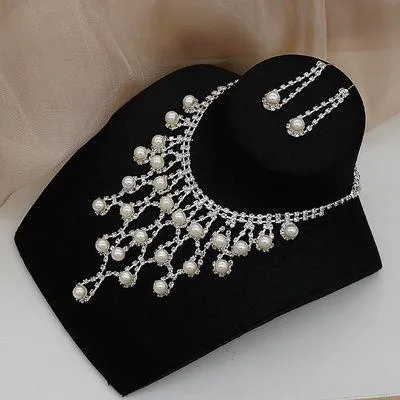 Bridal Wedding Jewelry Set Crystal Pearl Bridesmaid Party Necklace Drop Dangle Earrings Set - Image 3