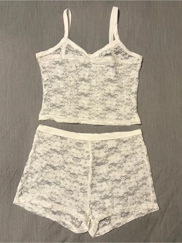 Shein Two Piece Set White Lace, Low Rise Shorts and Tank Top, Festival/Rave, S - Image 3