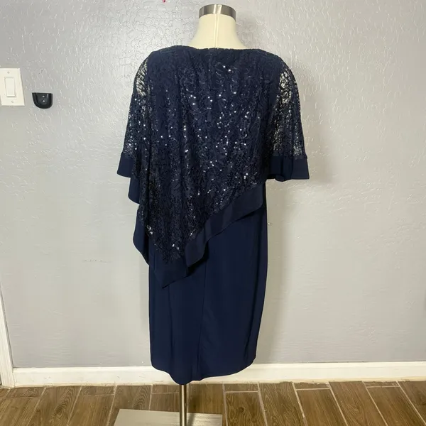 R & M Richards Sequined Cape Sheath Dress - Navy, 12 - Image 2