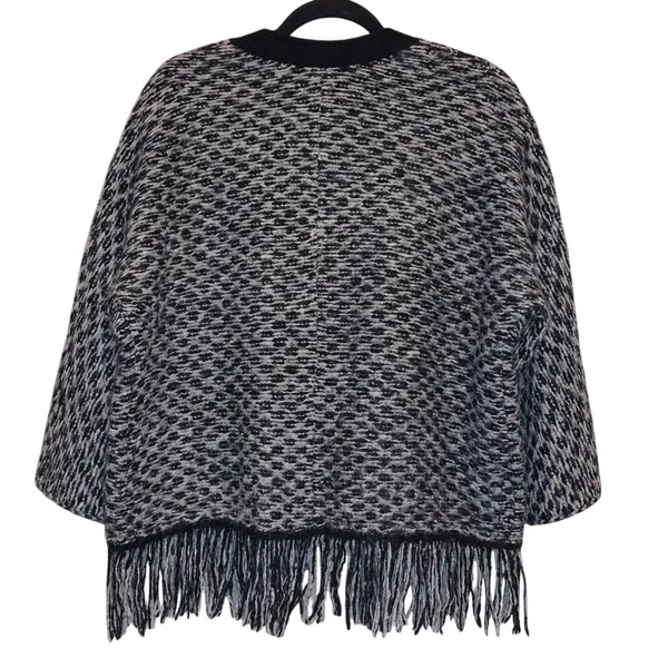LOFT Wool Blend Fringe Cardigan Black White Open‎ Front Poncho Style Sweater Med - Image 5