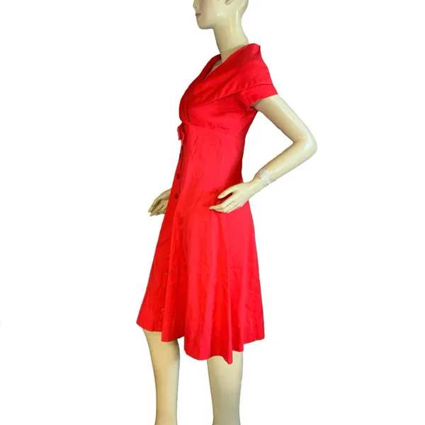 Vintage 1950'S Handmade Square Pattern Red Cotton Day Dress (S) - Image 6