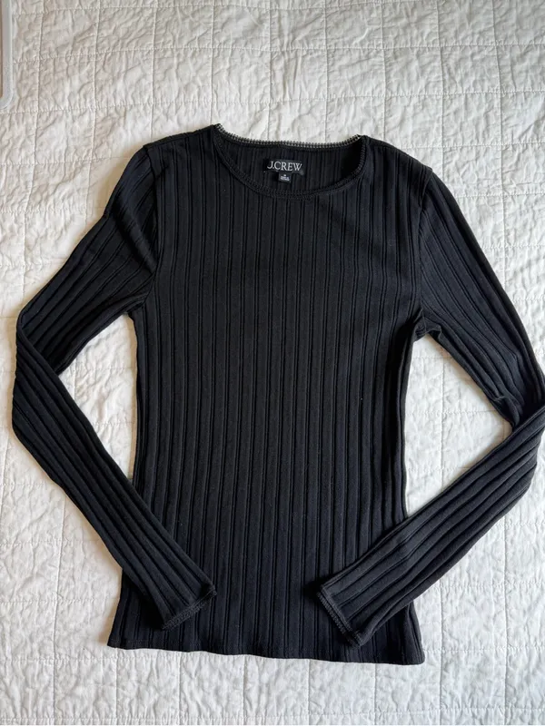 J. Crew Pointelle Ribbed Crewneck Long Sleeve T Shirt Scallop Trim Medium - Image 2