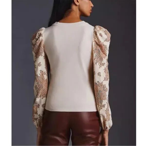 Anthropologie Dolan Lace Puff-Sleeve Top Sz S tan‎ - Image 3