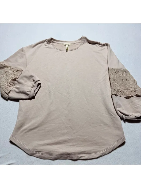 Anthropologie Blush Pink Sweatshirt with Eyelet Lace Sleeves - Image 3