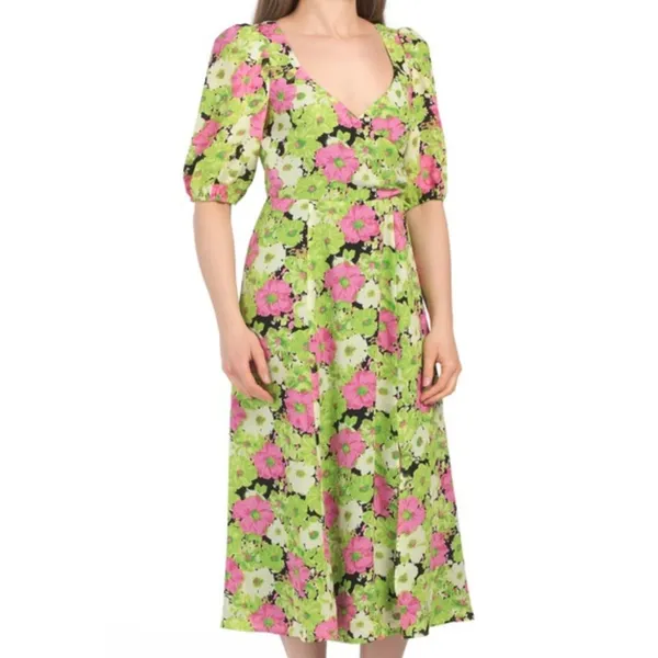 NWT WAYF X Nordstrom FLORAL PUFF SLEEVE MIDI DRESS Green Multi Small - Image 2