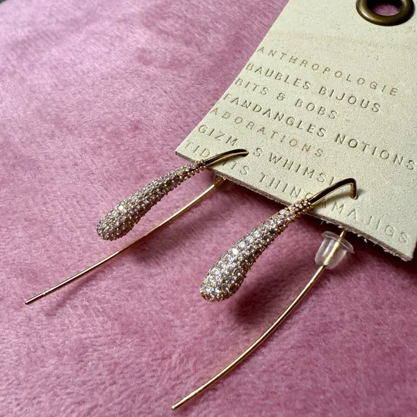 Anthropologie Gold Pave Rhinestone Teardrop Threader Earrings NWT - Image 2