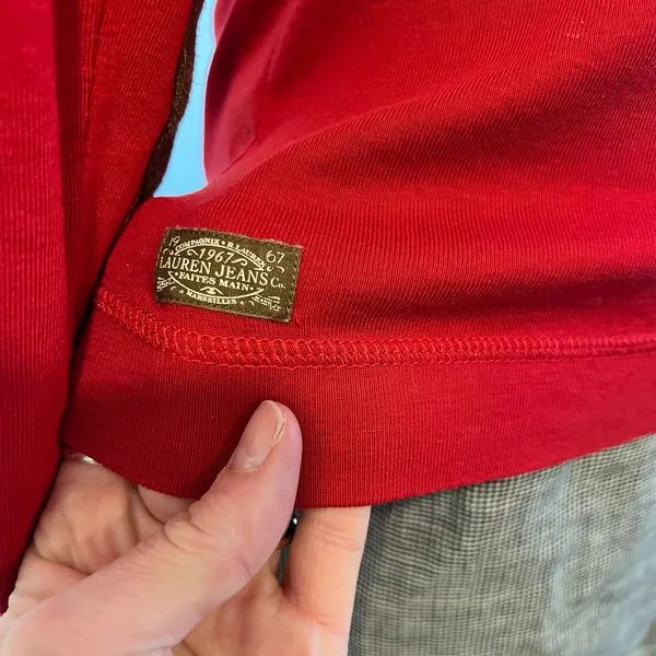 Ralph Lauren Red 100% Cotton Long Sleeve Leather Elbow Patch Top Size Medium - Image 6