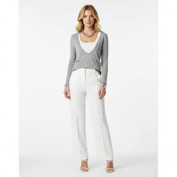 Ann Taylor Gray Deep V Neck Long Sleeve Sweater M - Image 5