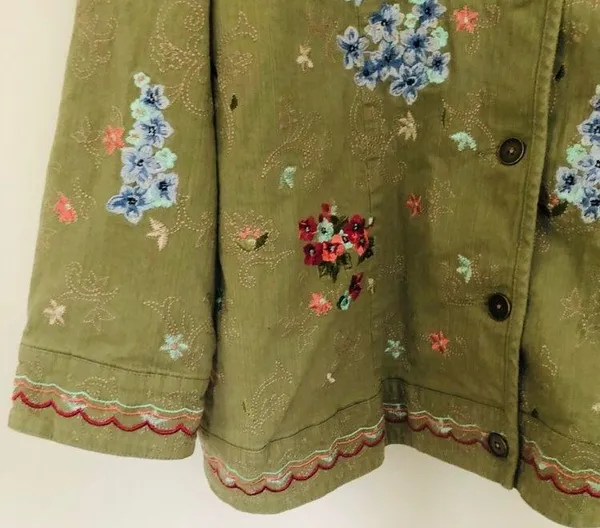 Denim & Co Vintage Floral Olive Jacket Button Up Flowers Butterflies Green Pockets - Image 5