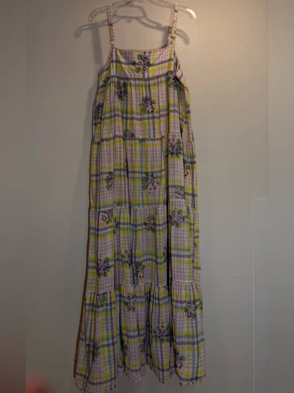 Anthropologie Payal Pratap Pastel Yellow & Pink Floral Plaid Maxi Dress - Image 5