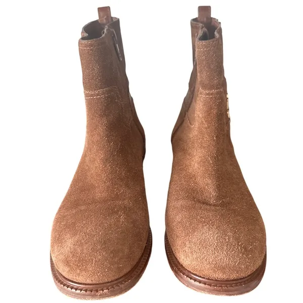 Tory Burch Alaina Suede Pebbled Leather Logo Ankle Booties Cognac Tan 9 - Image 2