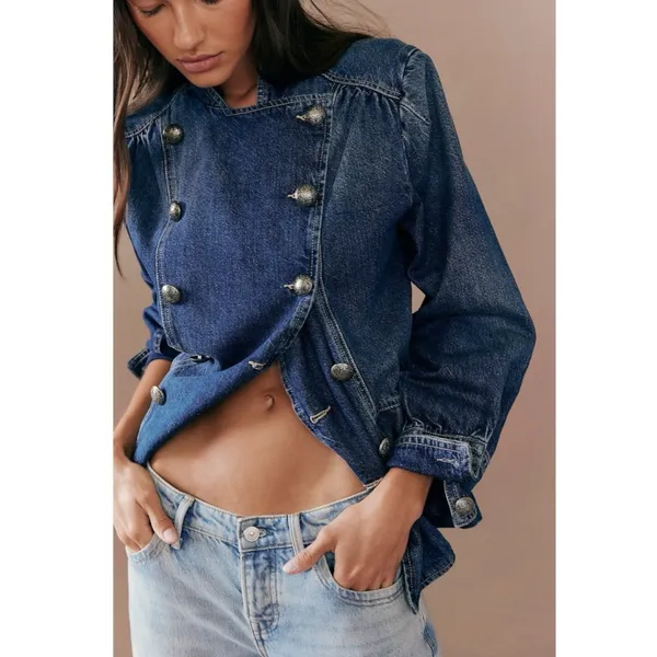 Free People Imogene Denim Officer Jacket in Ensign Wash Large Military Denim - Image 9