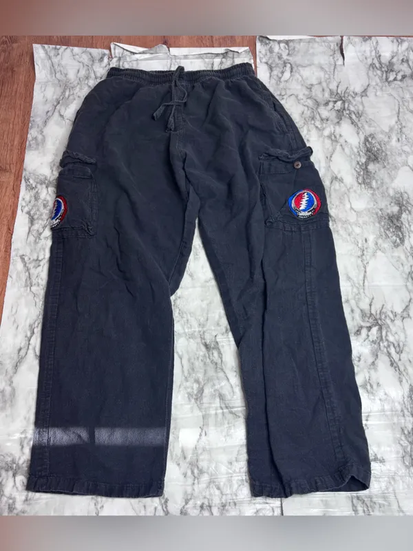 Shop Therapy Greatful Dead Black Wide Leg Cargo Pants Embroidered Badge LARGE - Image 7