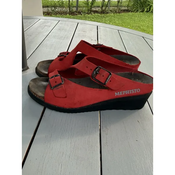 Mephisto Red Leather Nubuck Wedge Slide Sandals Shoes Womens Size EU 38 US 7 - Image 2
