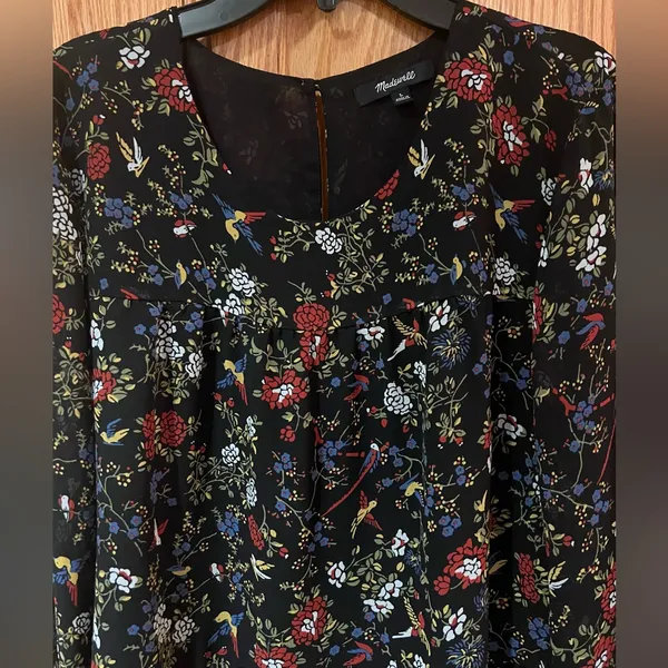 Madewell Sheer-Sleeve Ruffle Peplum Top Blouse in Black Finch Floral‎ Size Large - Image 7