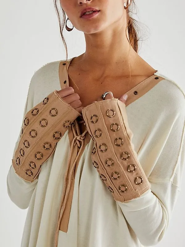 Free People Along For The Ride Tee Ivory Tan Grommet Lace Up Oversized Tunic Top - Image 3