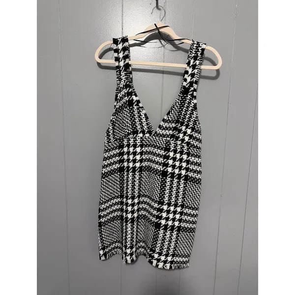 NEW Zara Black White Textured Houndstooth Tweed Pinafore Apron Mini Dress M - Image 2