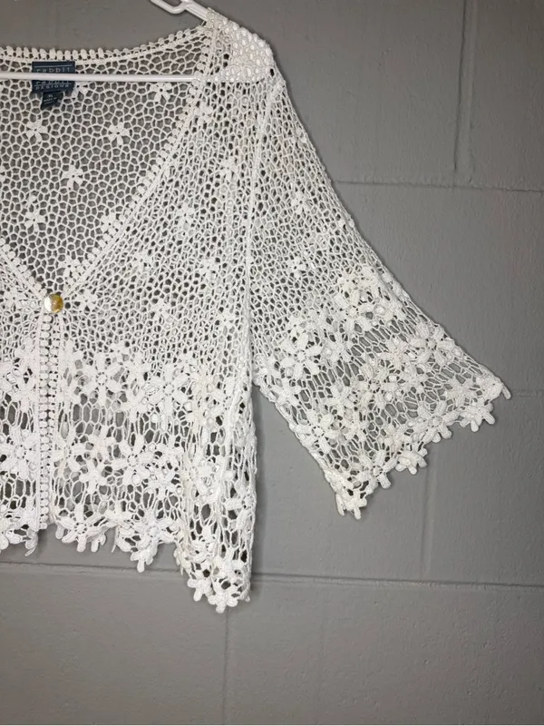 Vintage White Crochet Lace Cotton Cardigan Cover Up Women's XL Boho Cottagecore - Image 6