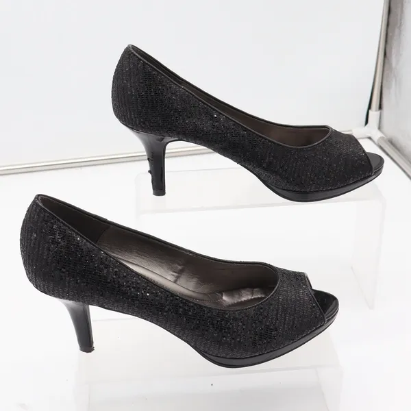 Kelly & Katie Pumps Womens 8.5 Peep Toe Black Shimmer Glitter Stiletto Good - Image 2