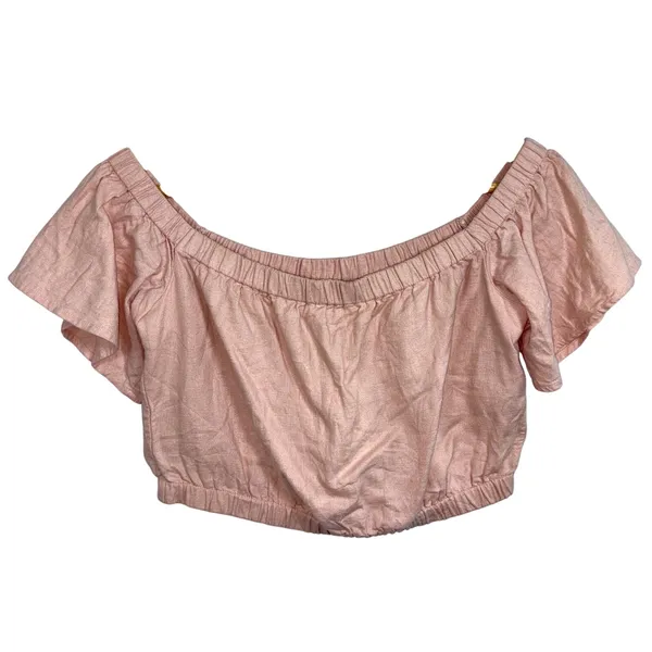 Abercrombie & Fitch Pink Linen Blend Off Shoulder Ruffle Crop Top Womens Size S - Image 2