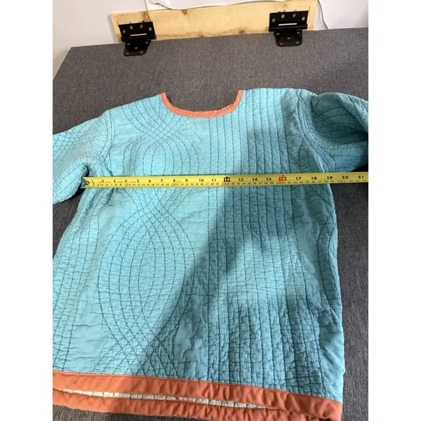 Handmade Women's Quilt Crewneck Light Blue With Coral Trim Sz M Cottage Core - Image 6
