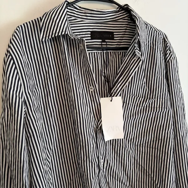 NWT Zara XS oversized Black White Striped Button Up Top‎ Long sleeve Collared - Image 2