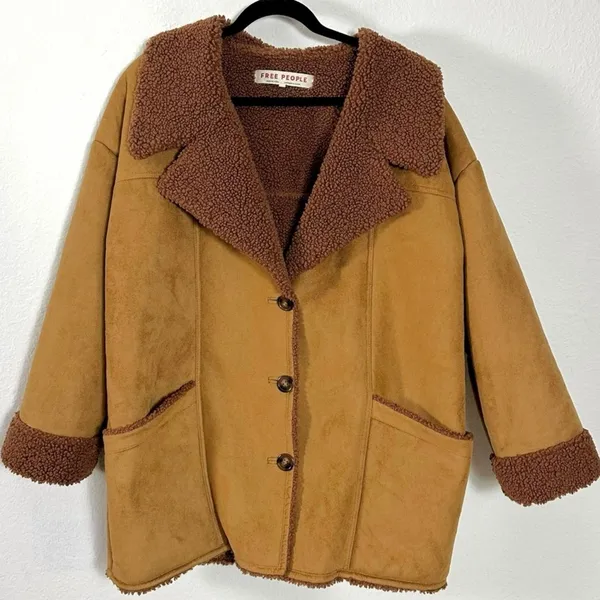 Free People Western Bohemian Retro 70s Faux Sherpa Suede Diogo Coat Size Medium - Image 8