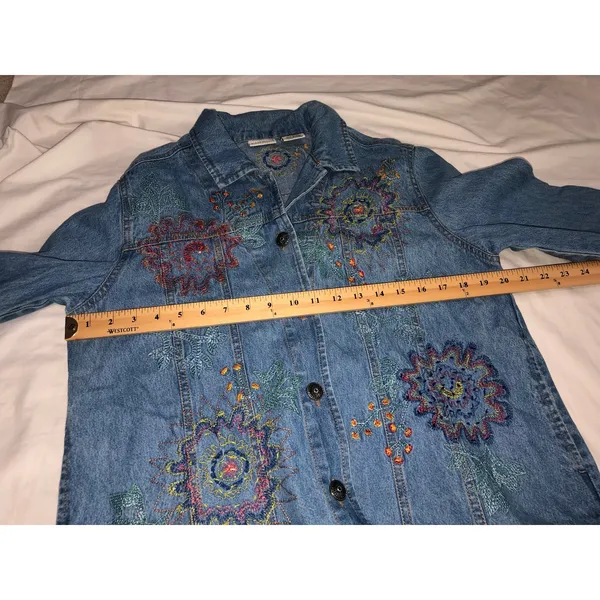 Vintage Embroidered Denim Shacket Shirt Jacket Beaded Floral Artwear Boho Size M - Image 6