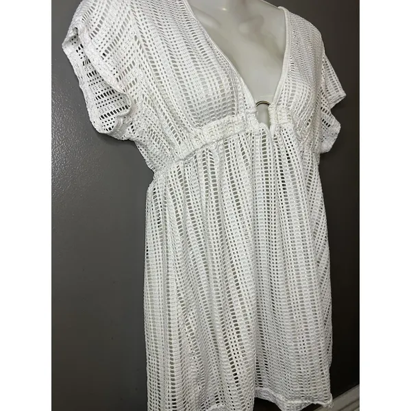 Waves To Coast Cover Up Womens Large White Crochet Mesh V Neck Beach Tunic Swim - Image 3