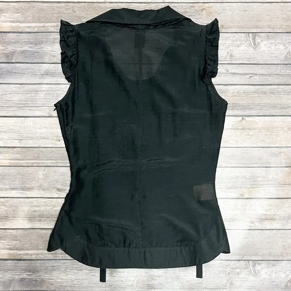 Omorika Black Sheer Polka Dot Sleeveless Ruffle Tie Collar Silk Blend Top 2 - Image 5