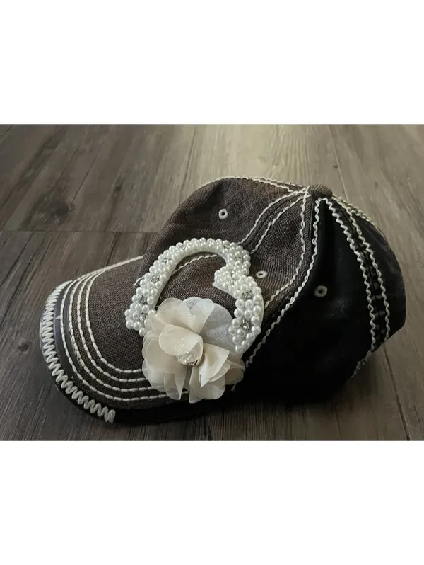 Olive & Pique Beaded Floral Heart Cap Brown Denim Y2K - Image 2