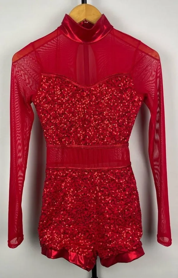 Balera Red Dancewear Sequin and Mesh Long Sleeve Biketard Romper - Image 2